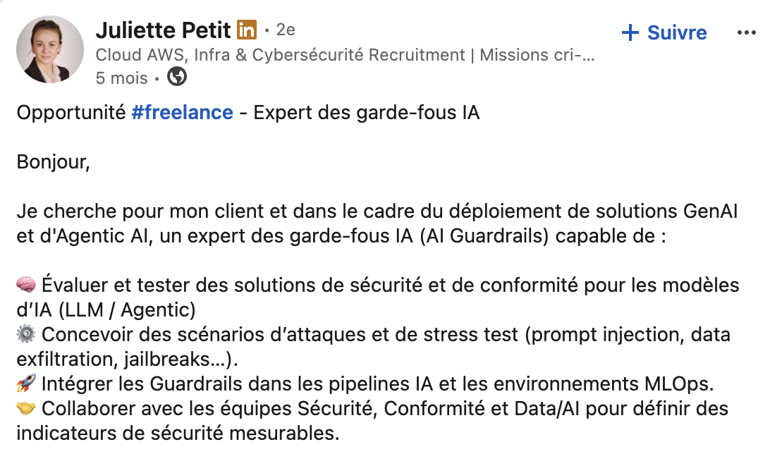 Post LinkedIn - recrutement expert garde-fous IA freelance