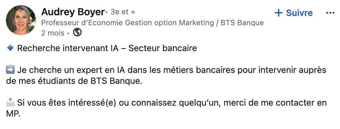 Post LinkedIn - recherche intervenant IA secteur bancaire