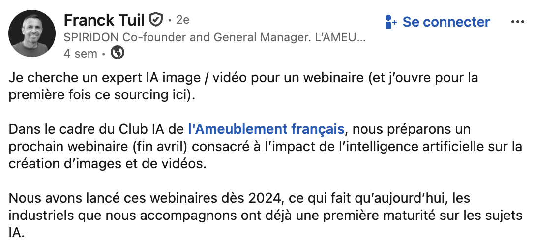 Post LinkedIn - recherche expert IA image vidéo webinaire