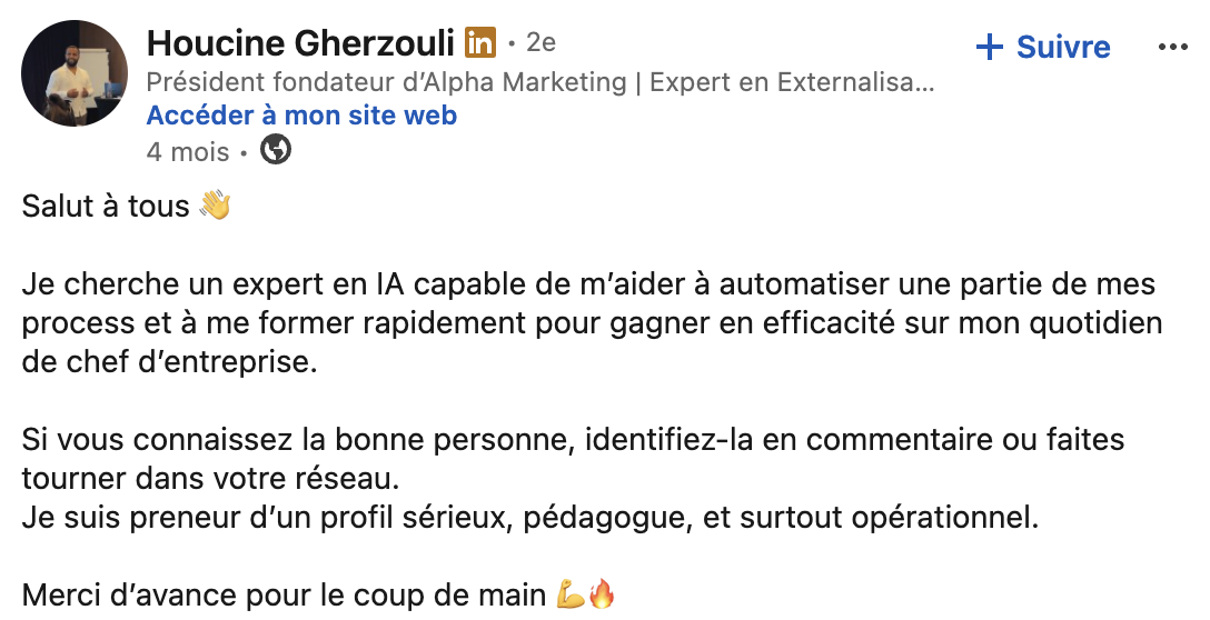 Post LinkedIn - Alpha Marketing cherche expert IA automatisation