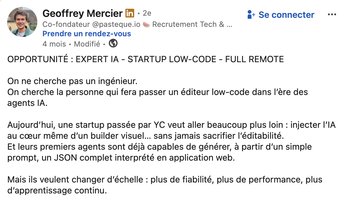 Post LinkedIn - startup low-code cherche expert IA