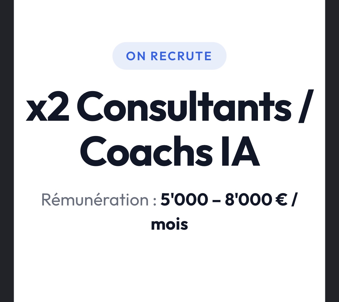 Offre recrutement 2 consultants coachs IA 5000-8000 euros par mois