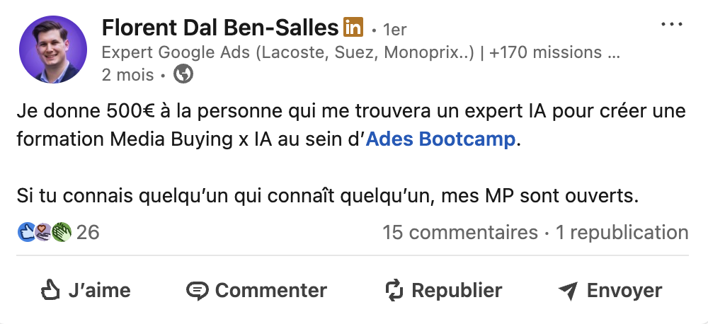 Post LinkedIn - dirigeant offre 500€ pour trouver un expert IA