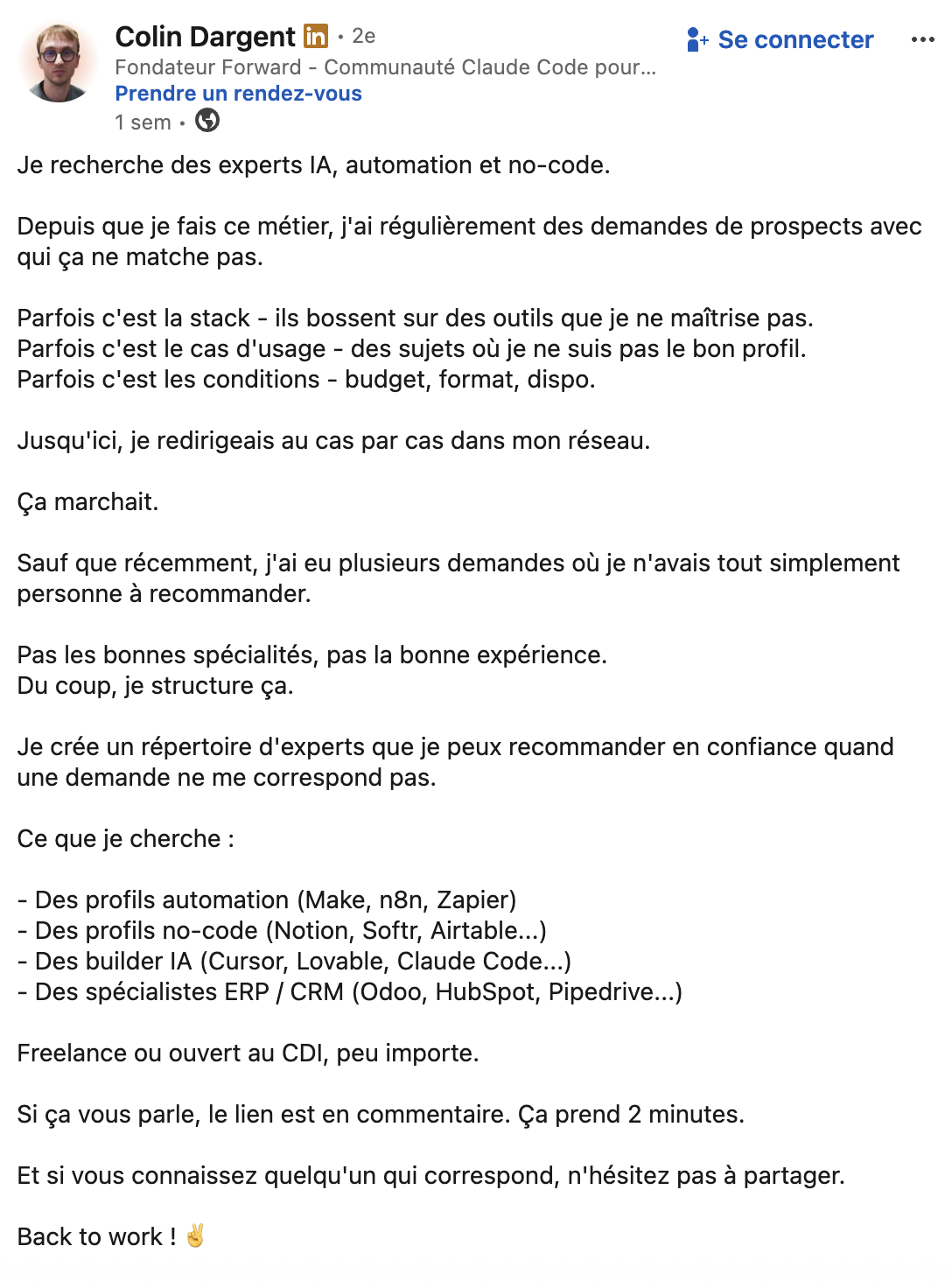 Post LinkedIn - Colin Dargent cherche experts IA automation no-code