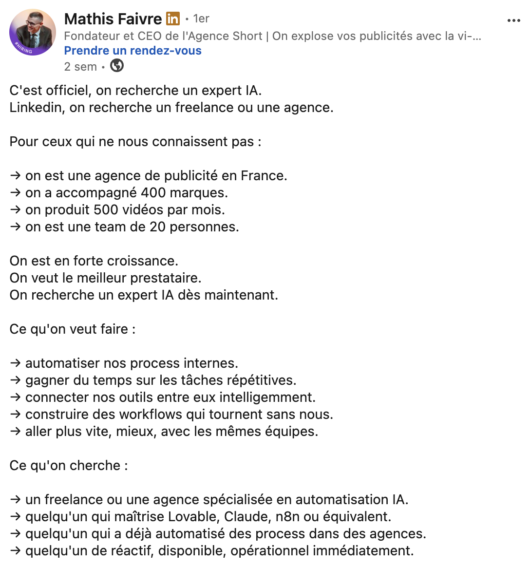 Post LinkedIn - CEO Agence Short cherche expert IA
