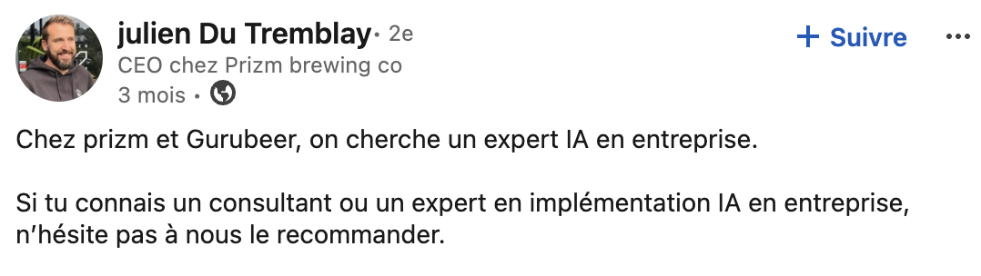 Post LinkedIn - CEO Prizm cherche expert IA en entreprise