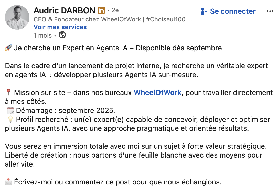 Post LinkedIn - CEO WheelOfWork cherche expert agents IA